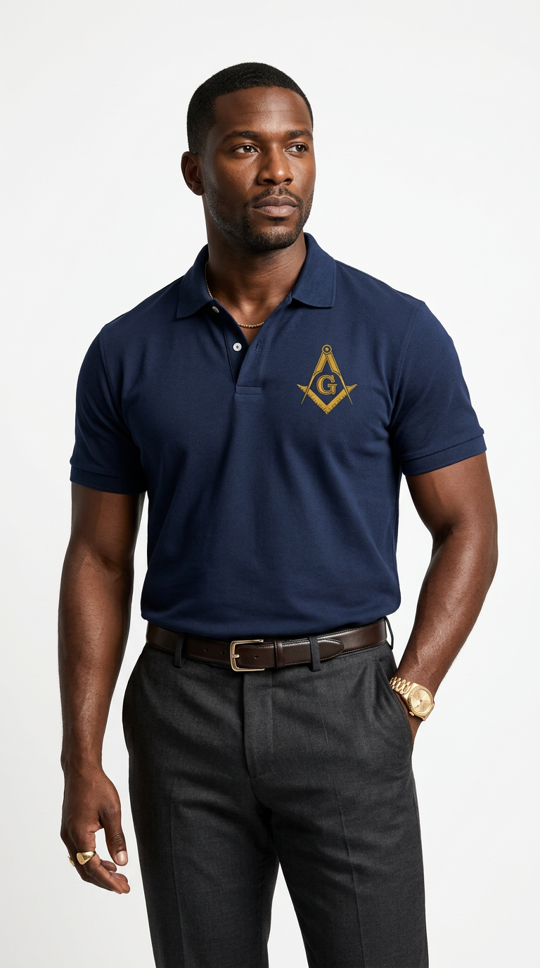 Prince Hall Masonic Embroidered Polo Shirt | Premium Navy & Gold Brotherhood Polo for Men
