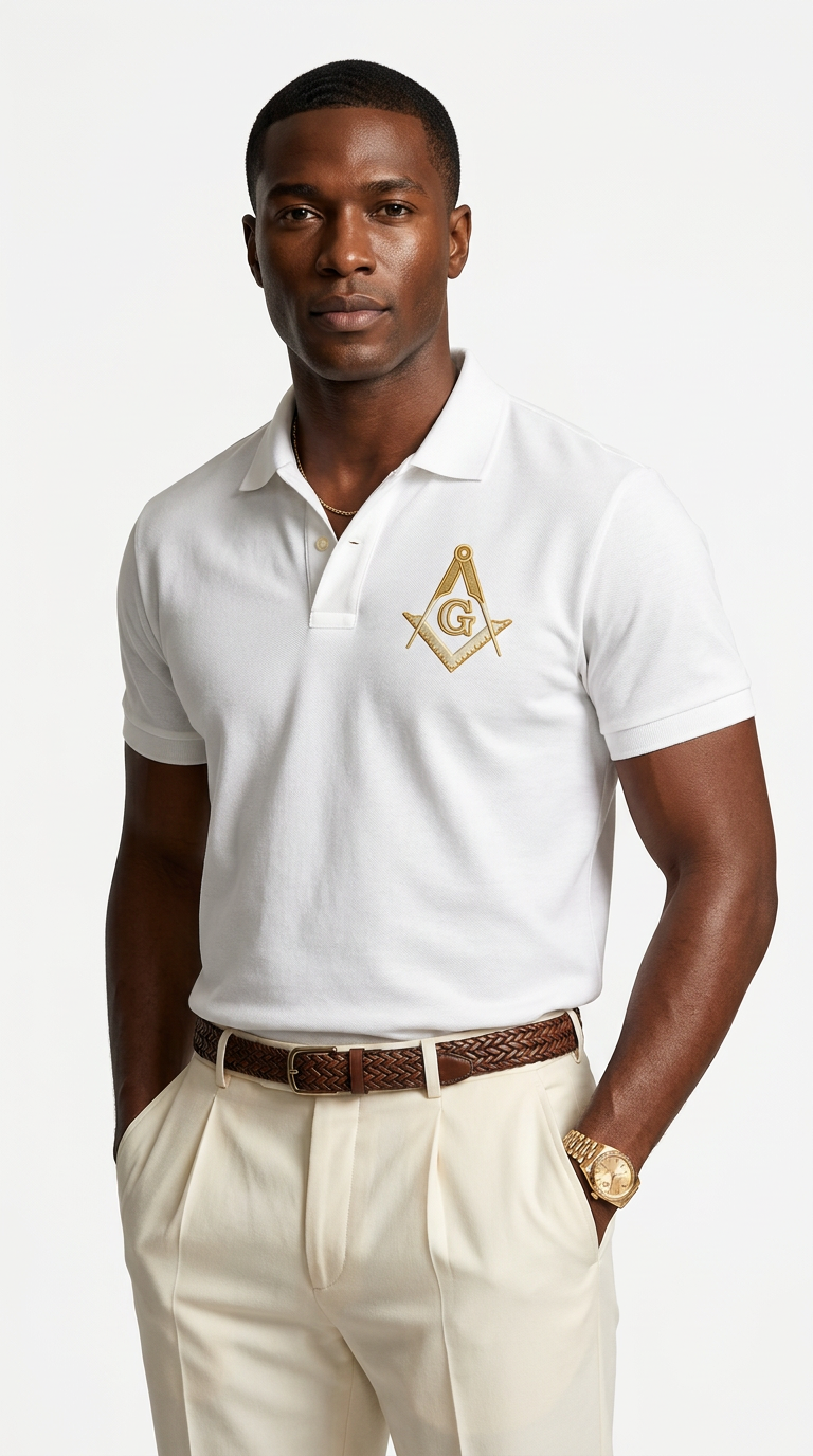 Prince Hall Masonic Embroidered Polo Shirt | Premium White & Gold Brotherhood Polo for Men