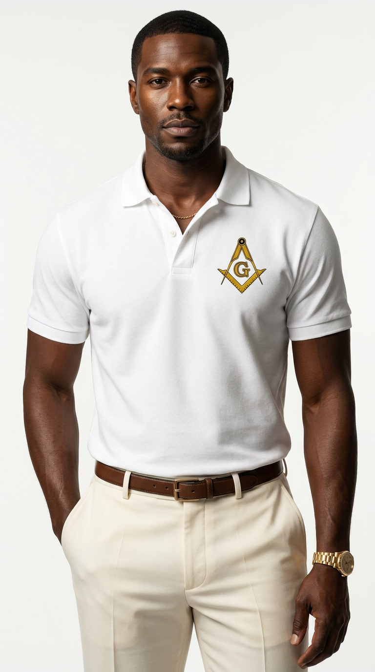 Prince Hall Masonic Embroidered Polo Shirt | Premium White & Gold Brotherhood Polo for Men