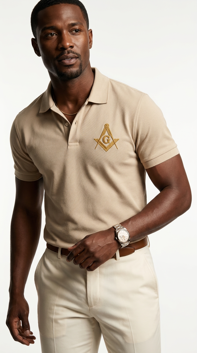 Prince Hall Masonic Embroidered Polo Shirt | Premium Sand & Gold Brotherhood Polo for Men