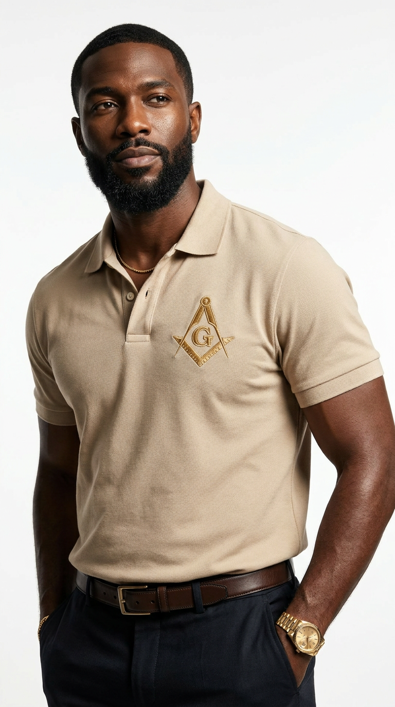 Prince Hall Masonic Embroidered Polo Shirt | Premium Sand & Gold Brotherhood Polo for Men