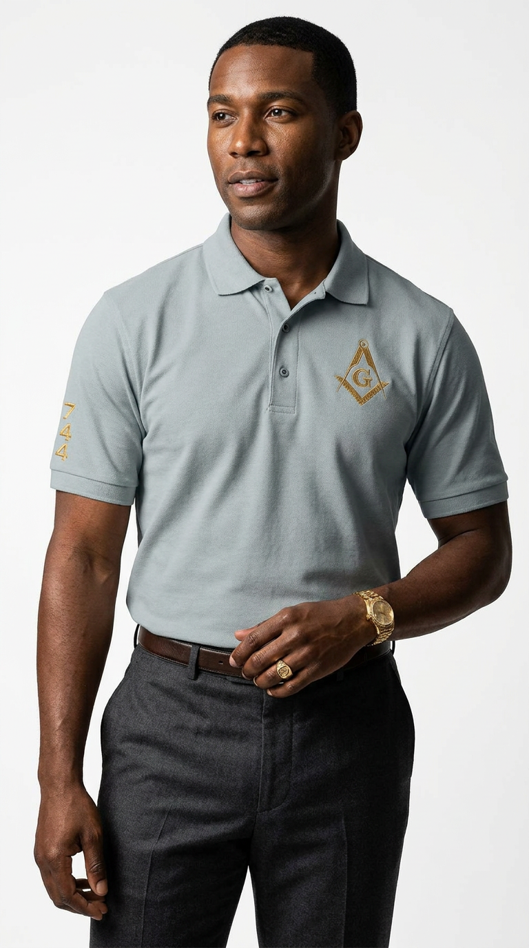 Prince Hall Masonic Embroidered Polo Shirt | Premium Sports Grey & Gold Brotherhood Polo for Men
