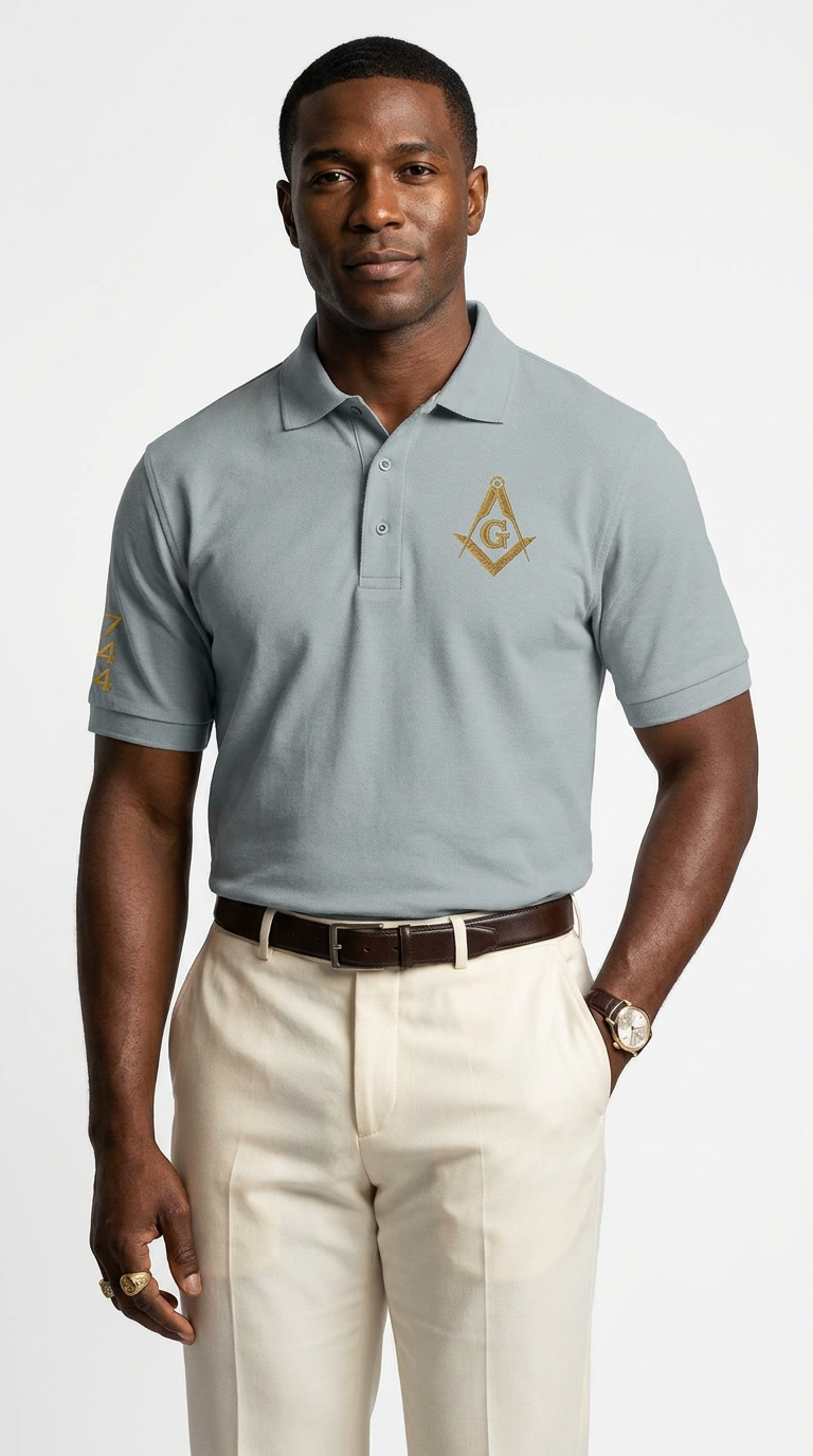 Prince Hall Masonic Embroidered Polo Shirt | Premium Sports Grey & Gold Brotherhood Polo for Men